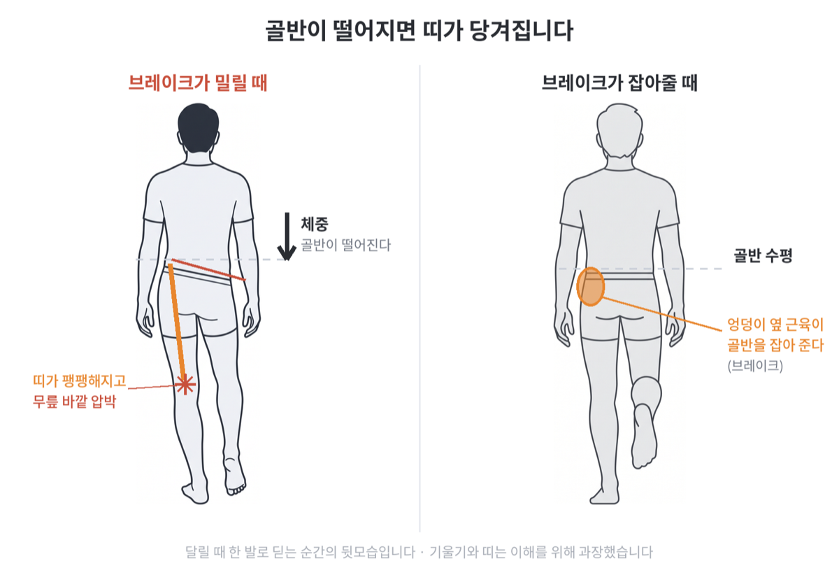 뒤에서 본 사람 그림 두 개. 왼쪽은 한 발로 딛는 순간 골반이 기울어 바깥 띠가 팽팽해지고 무릎 바깥에 압박 표시가 있으며, 오른쪽은 엉덩이 옆 근육이 표시돼 골반이 수평이다