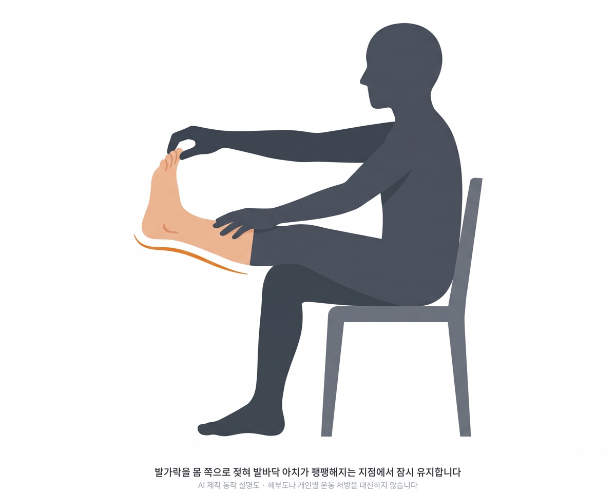 의자에 앉아 한쪽 다리를 반대쪽 무릎에 올리고 손으로 발가락을 몸 쪽으로 젖혀 발바닥 아치를 늘이는 동작 일러스트