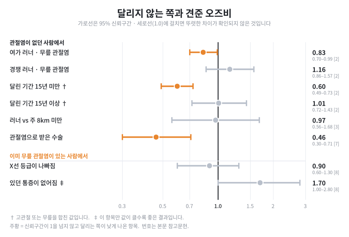 달리지 않는 쪽과 견준 오즈비 8개 항목을 정리한 그림. 여가 러너 0.83, 경쟁 러너 1.16, 15년 미만 0.60, 15년 이상 1.01, 주 8km 미만 대비 0.97, 관절염 수술 0.46, X선 악화 0.90, 통증 해소 1.70